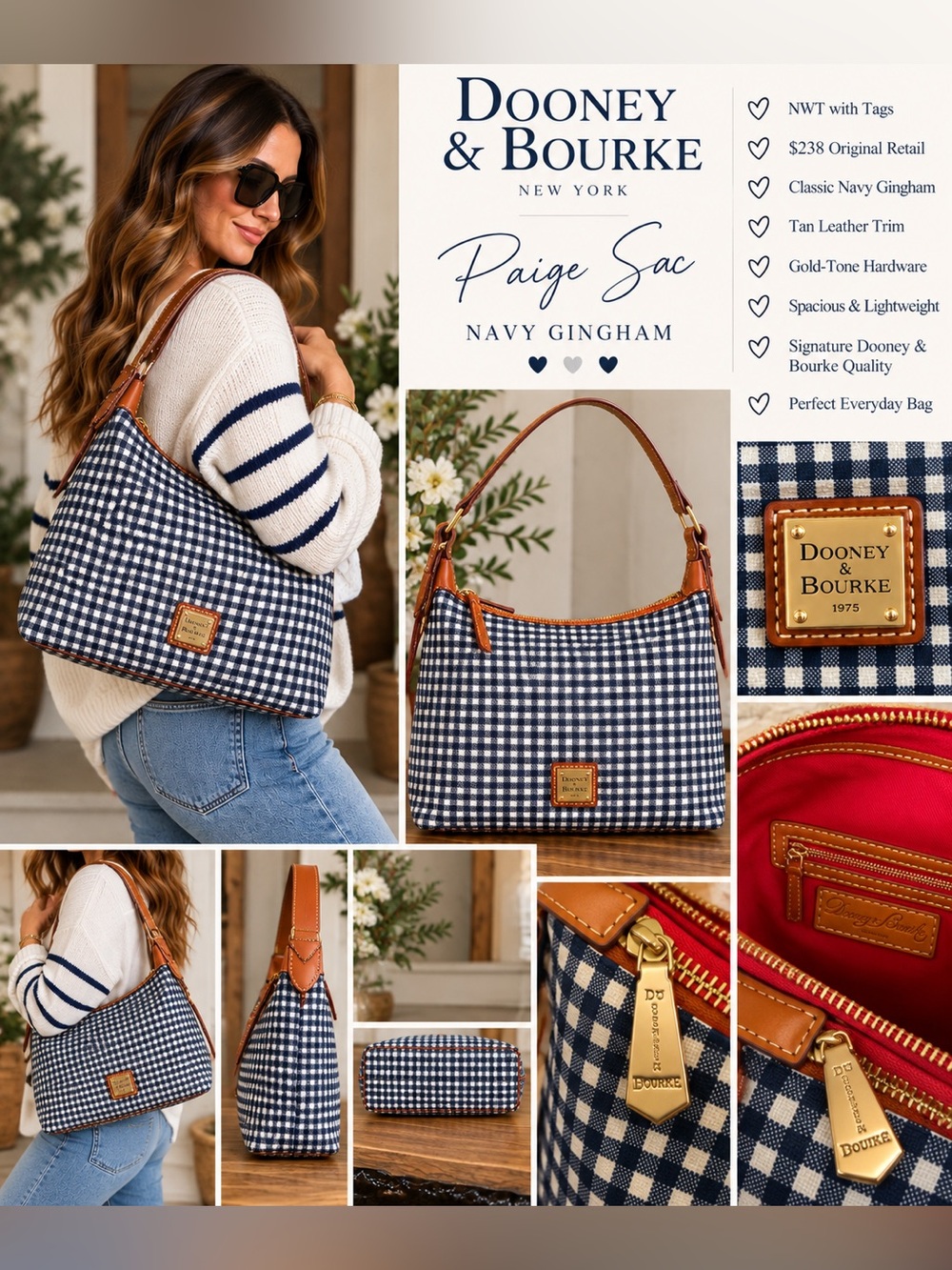 Dooney & Bourke Paige Sac Navy Gingham Shoulder Bag NWT